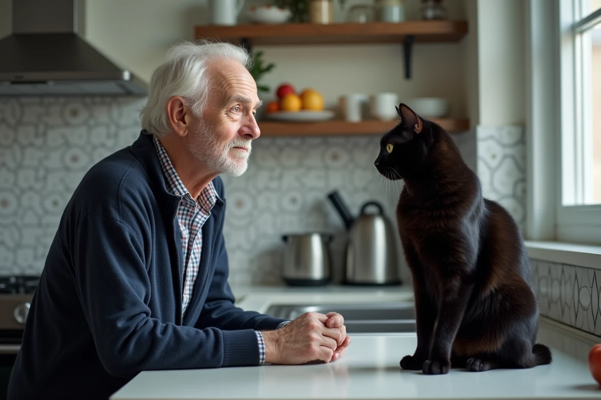 Homme age observant son chat sur le plan de travail