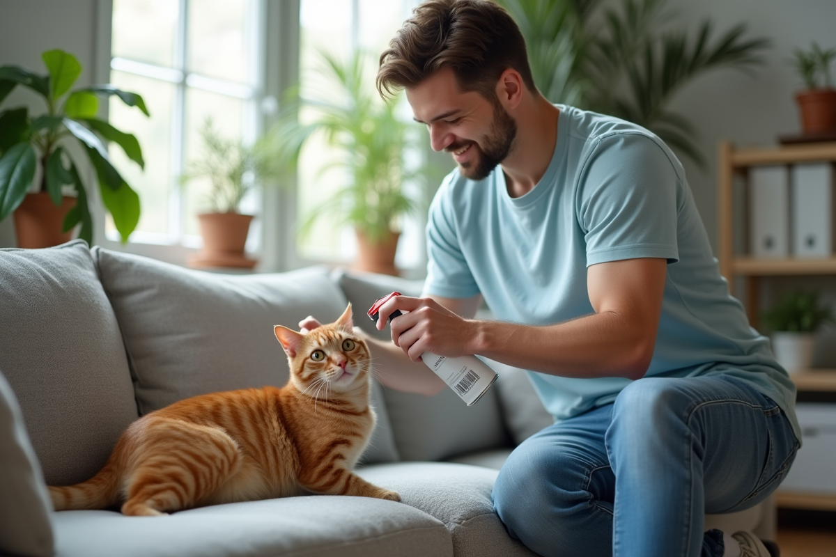 Jeune homme vaporisant un répulsif pour chat dans un salon