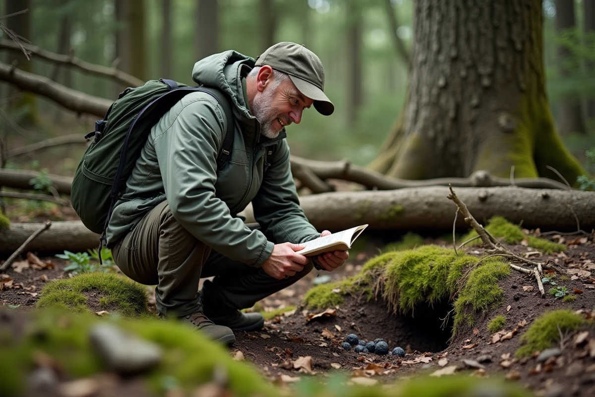 Homme d'âge moyen examine des excréments dans la forêt