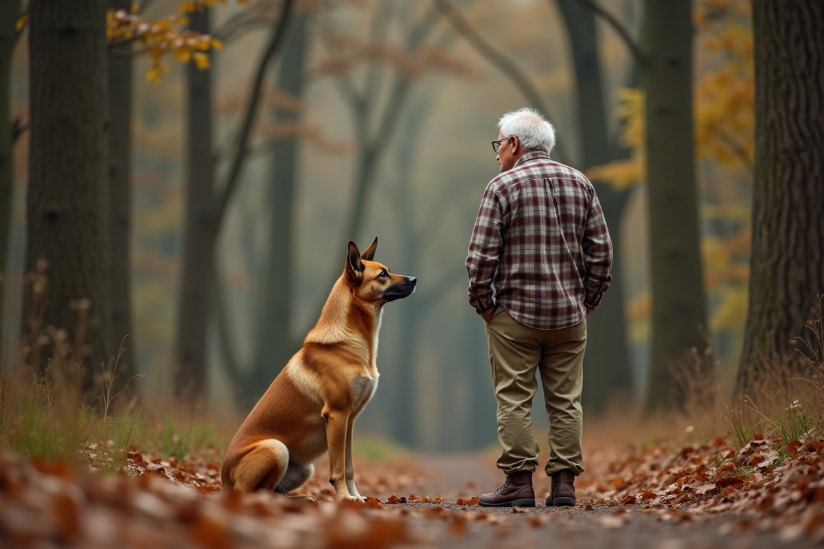 Homme agee observant un Basenji dans la foret
