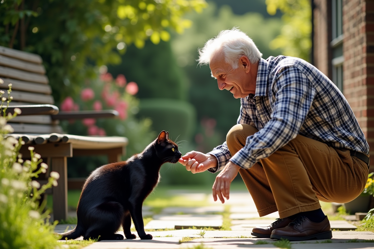 Homme âgé caressant un chat dans un jardin ensoleille