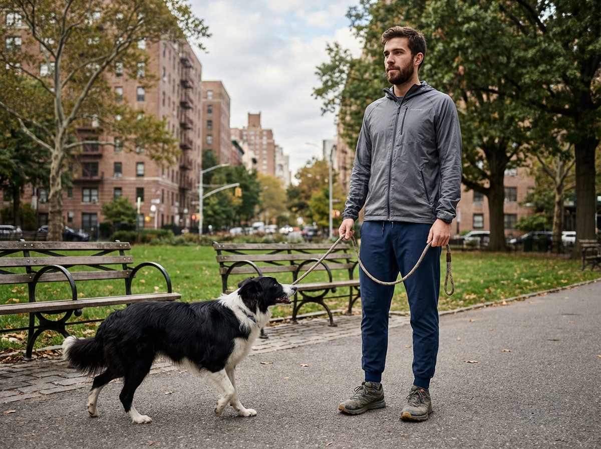 Homme en tenue de jogging avec son chien border collie dans un parc urbain