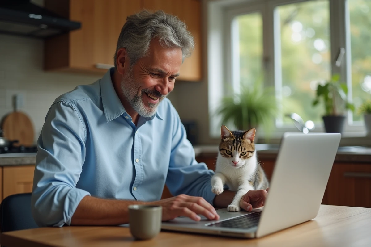 Homme au bureau avec chat jouant sur le clavier