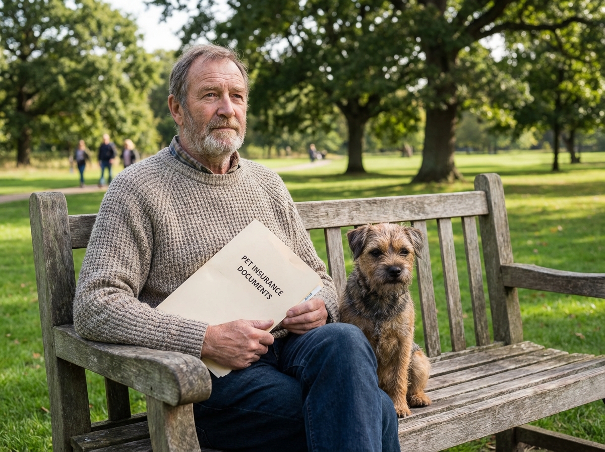 Homme âgé avec chien et documents d