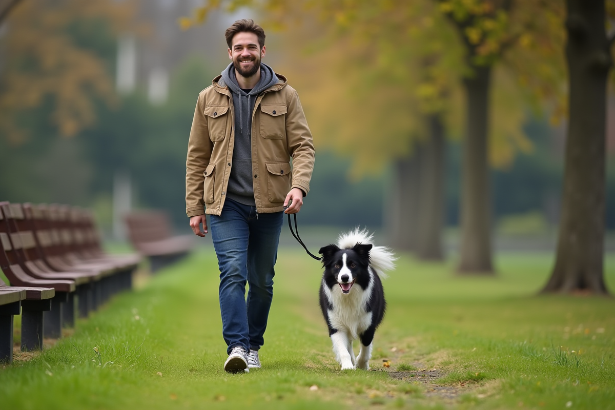 Jeune homme avec son chien dans un parc verdoyant