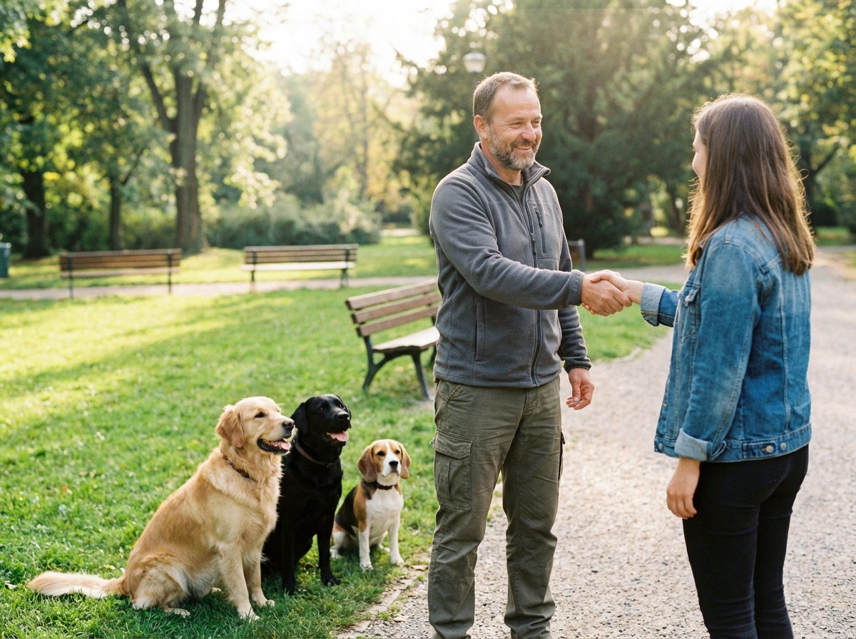 Homme saluant un client avec trois chiens dans un parc