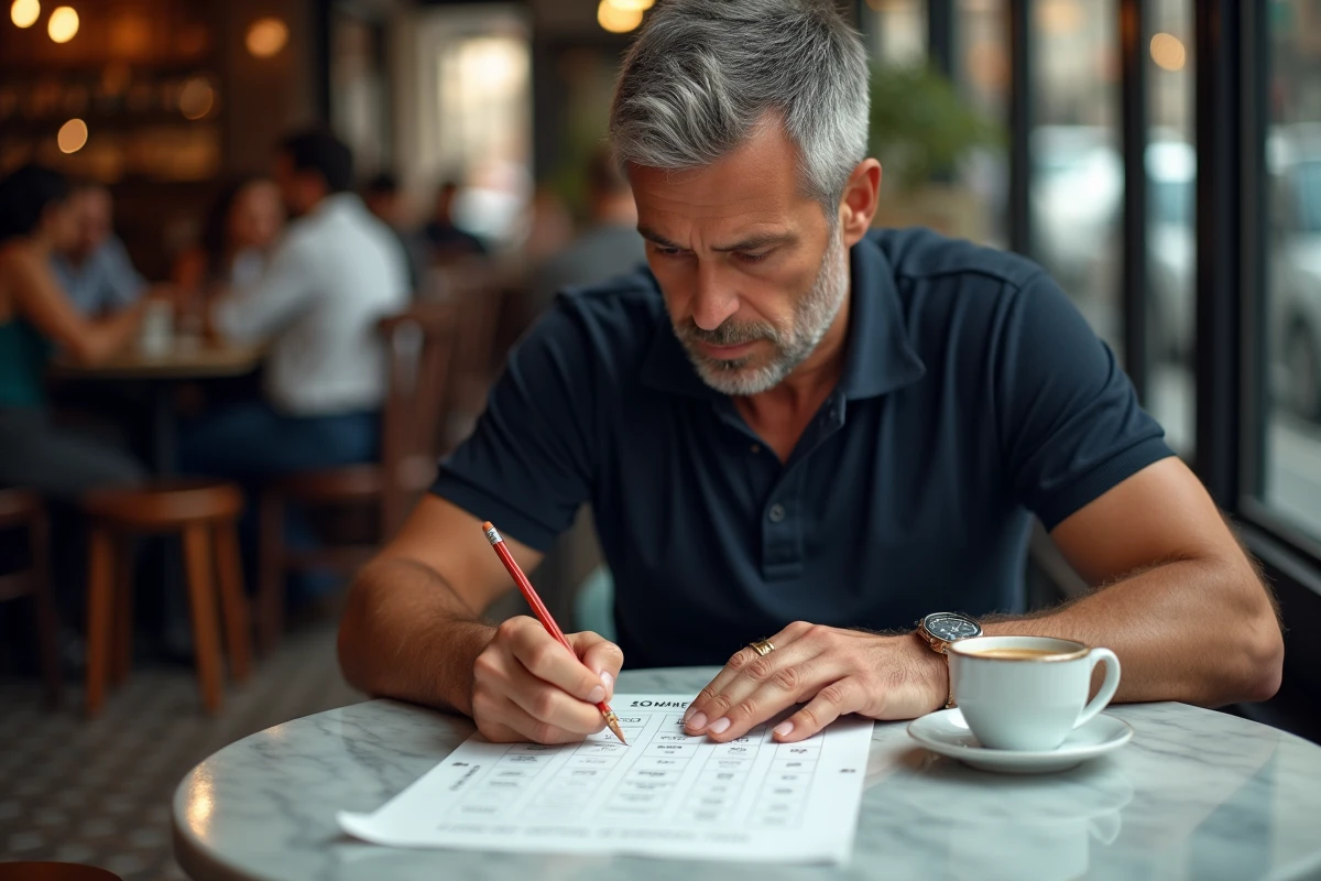 Homme remplissant une feuille de Petit Bac dans un café, catégorie animaux commençant par la lettre X