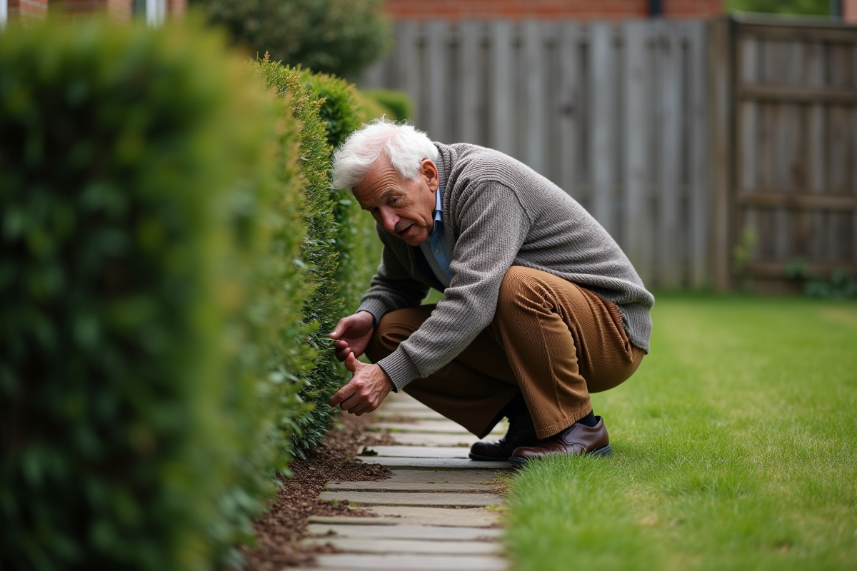 Homme âgé cherchant sous une haie dans un jardin résidentiel