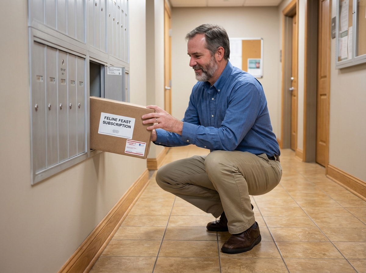 Homme récupérant un colis de nourriture pour chats dans l