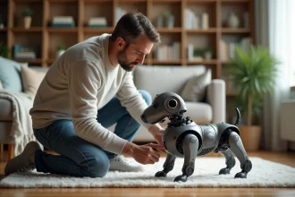 Homme en jeans ajuste un robot chien dans un salon moderne