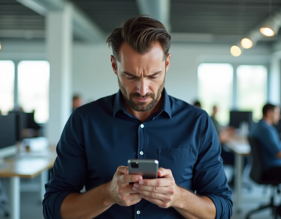 Homme scrutant son smartphone avec méfiance pour identifier un site frauduleux au bureau