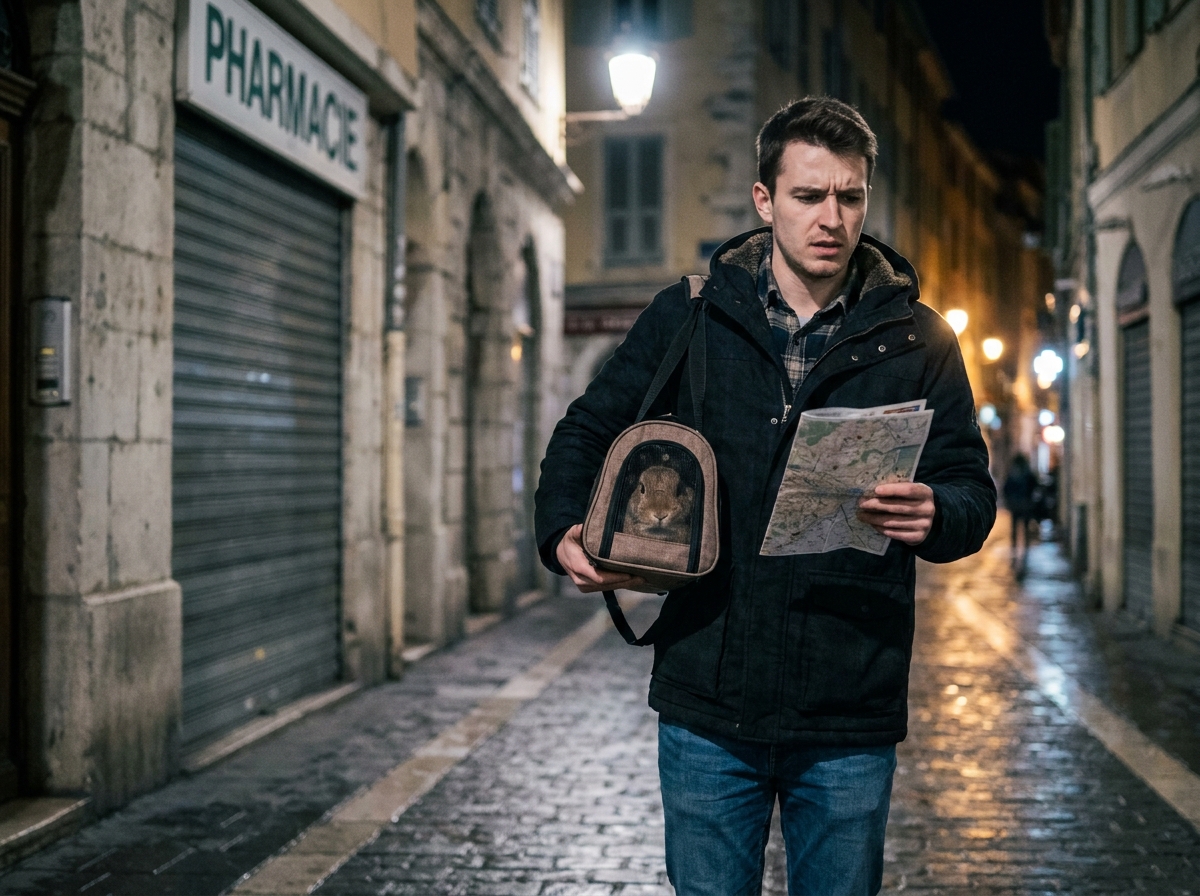 Homme portant un lapin dans une cage de transport dans une rue de Nice la nuit, cherchant un vétérinaire d'urgence