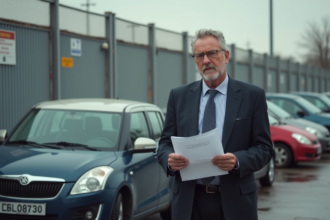 Homme d affaires avec documents devant voiture en fourrière