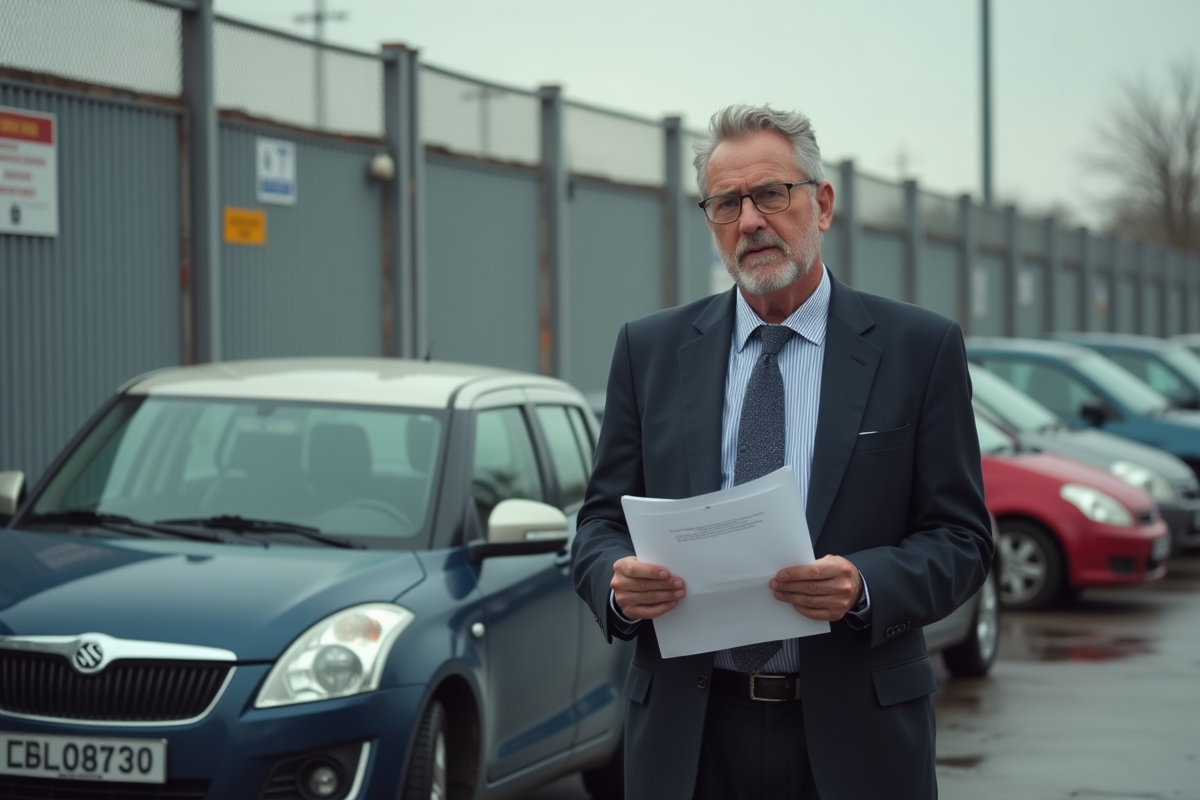 Homme d affaires avec documents devant voiture en fourrière