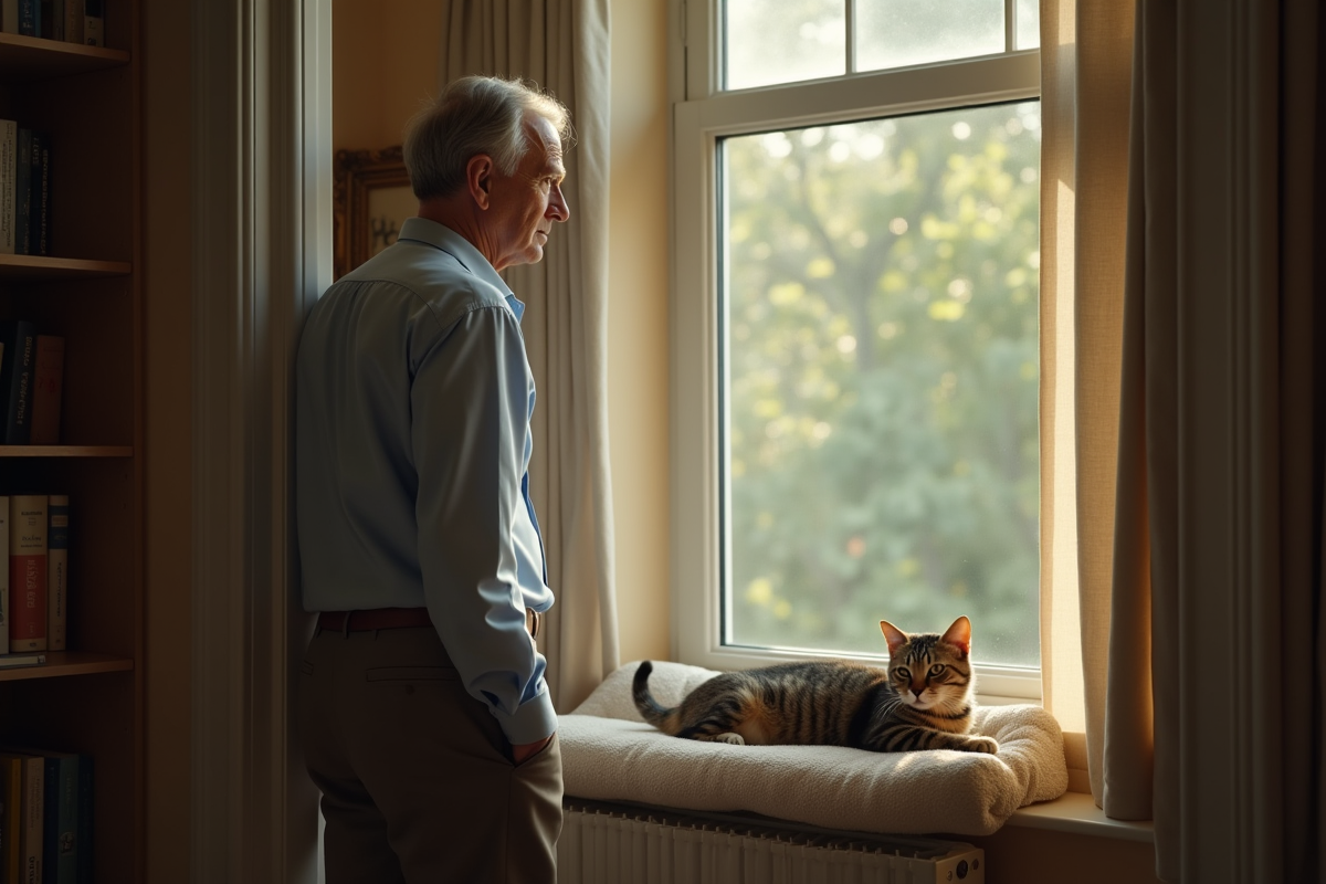 Homme regardant un chat napping près de la fenêtre