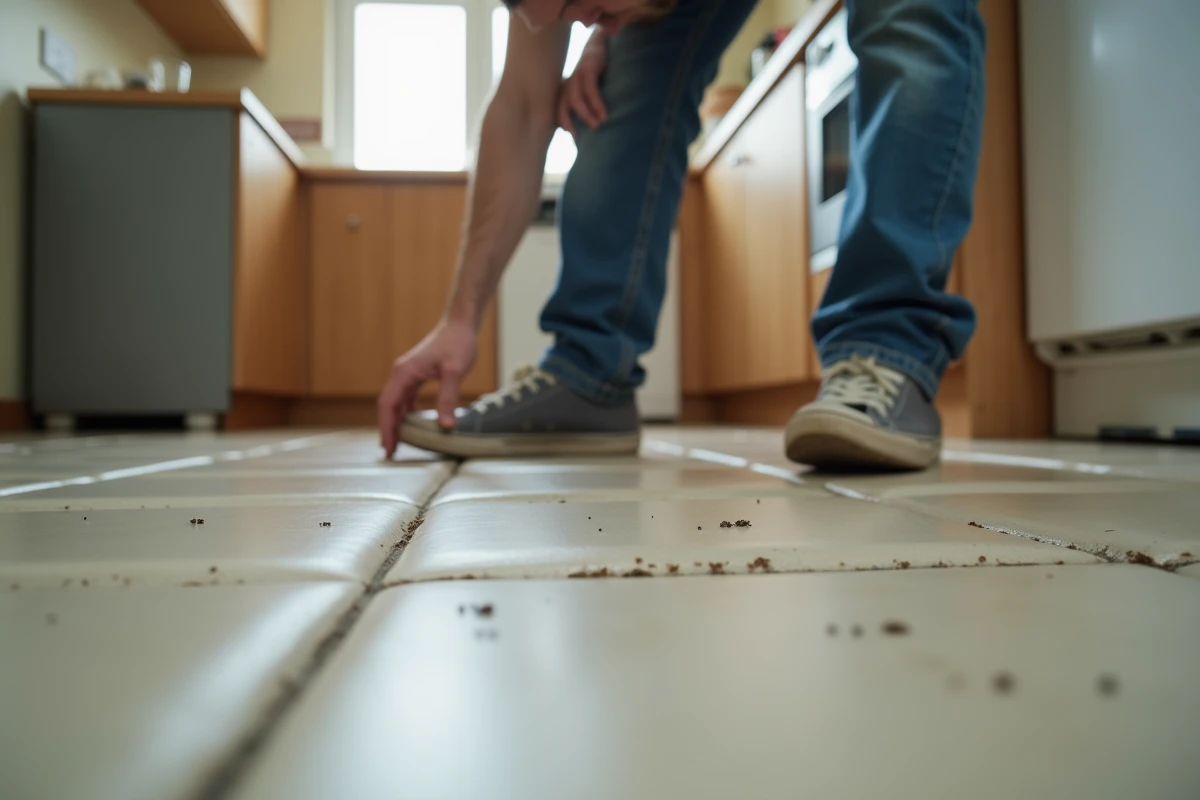 Homme inspectant des saletés sur des tuiles de cuisine