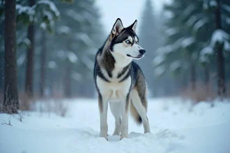 Husky sibérien au pelage épais debout dans une forêt enneigée en hiver, race de chien adaptée au froid et à la vie en extérieur