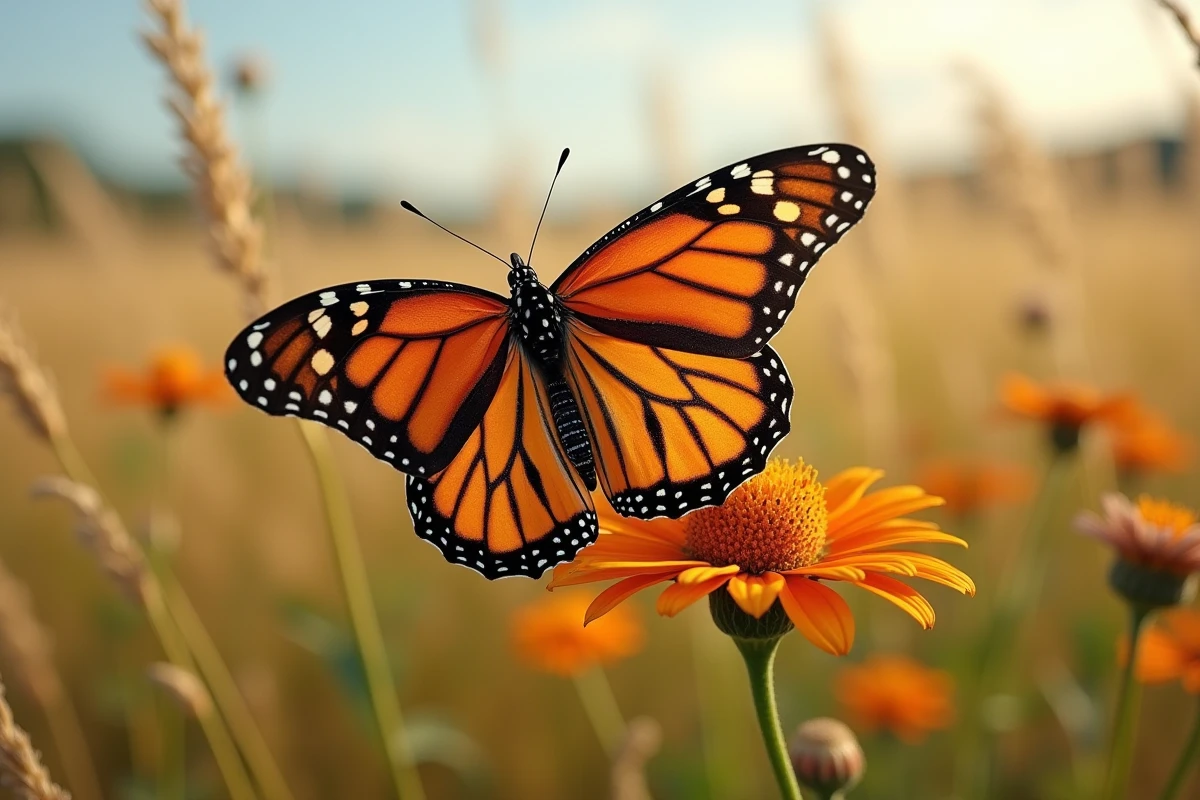 Papillon monarque adulte aux ailes déployées posé sur une fleur sauvage, stade reproducteur et fin du cycle de vie de l'insecte