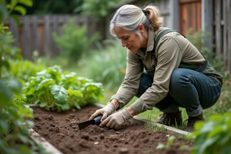 Femme jardiniere examine la terre dans son jardin