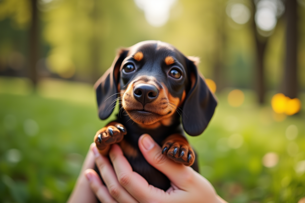 Personne tenant un chiot dachshund kaninchen dans un parc ensoleille