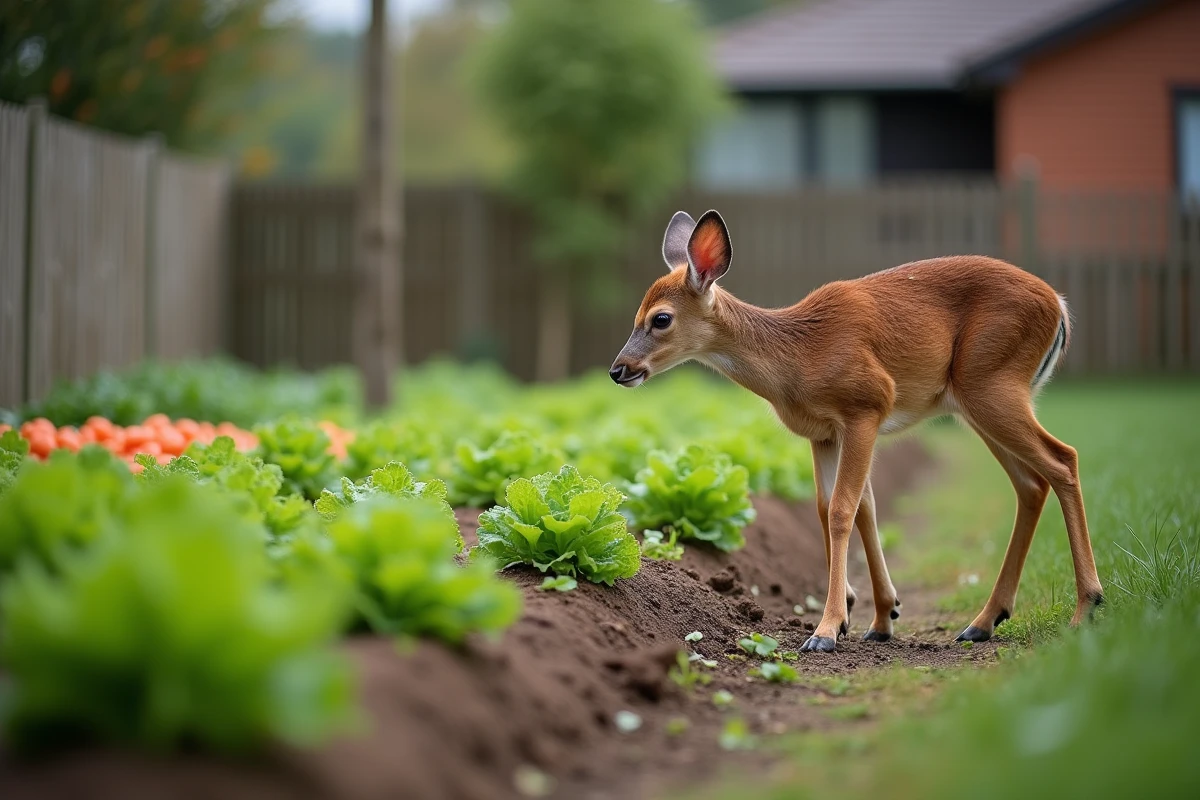 Jeune chevreuil près d’un jardin potager en banlieue