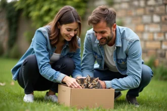 Jeune couple avec chatons dans un jardin à Toulon