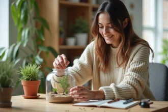 Jeune femme versant du sable dans un habitat à fourmis