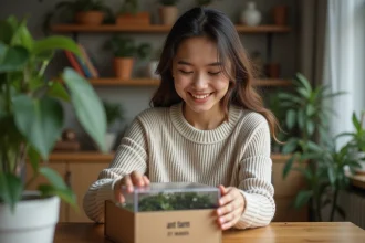 Jeune femme souriante ouvre un kit de terrarium sur une table