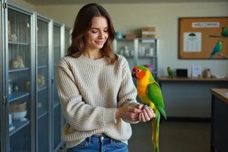 Jeune femme avec perroquet vert dans refuge animal