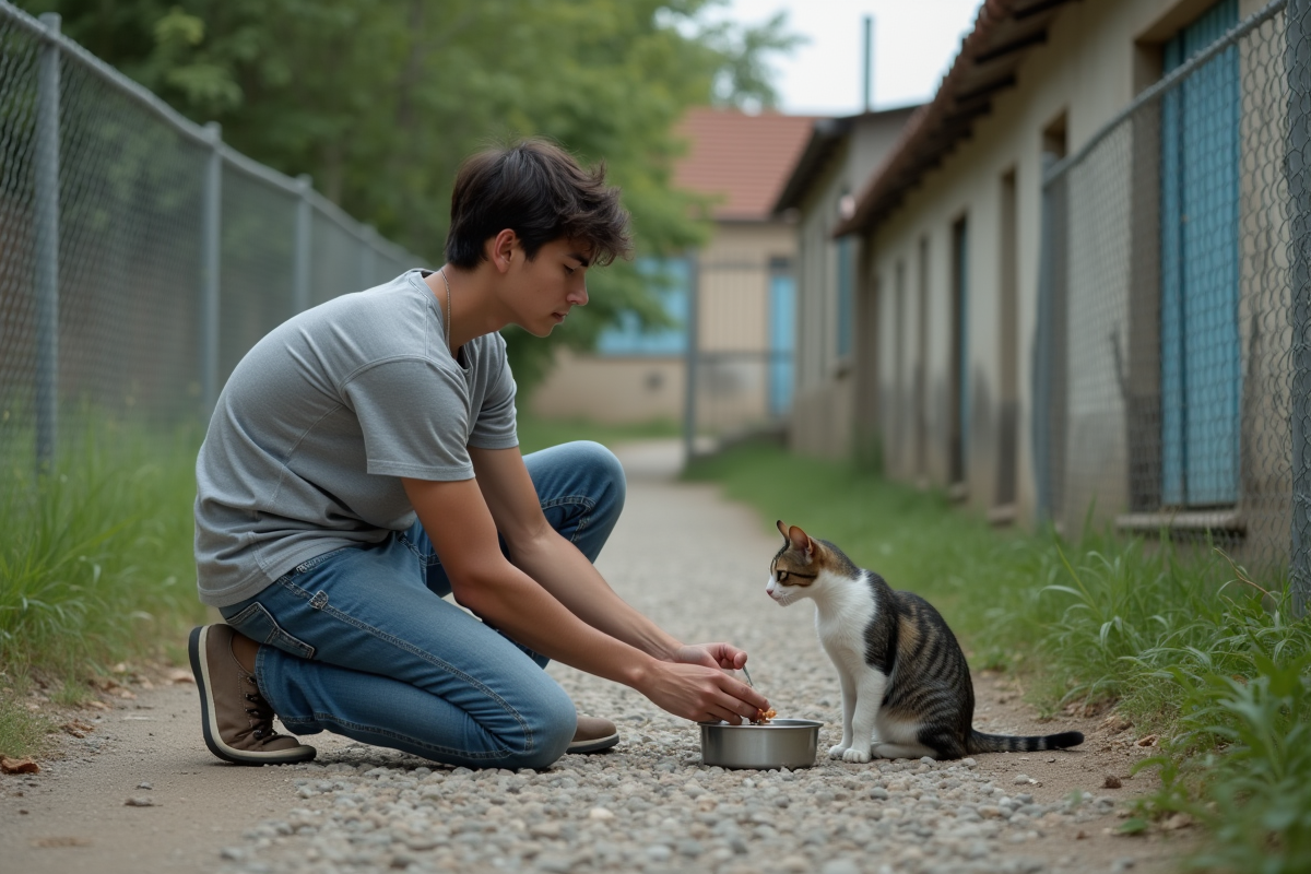 Jeune homme nourrissant un chat dehors