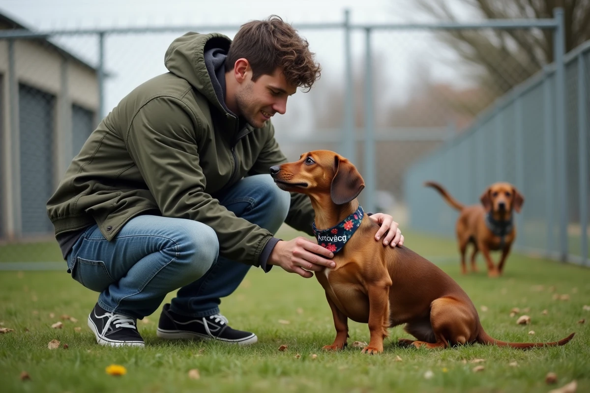Jeune homme caressant un chien dachshund dans un refuge animal