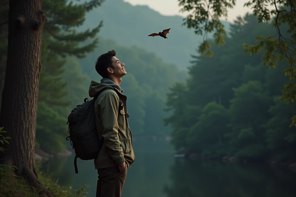 Jeune homme dans la forêt avec chauve-souris en vol