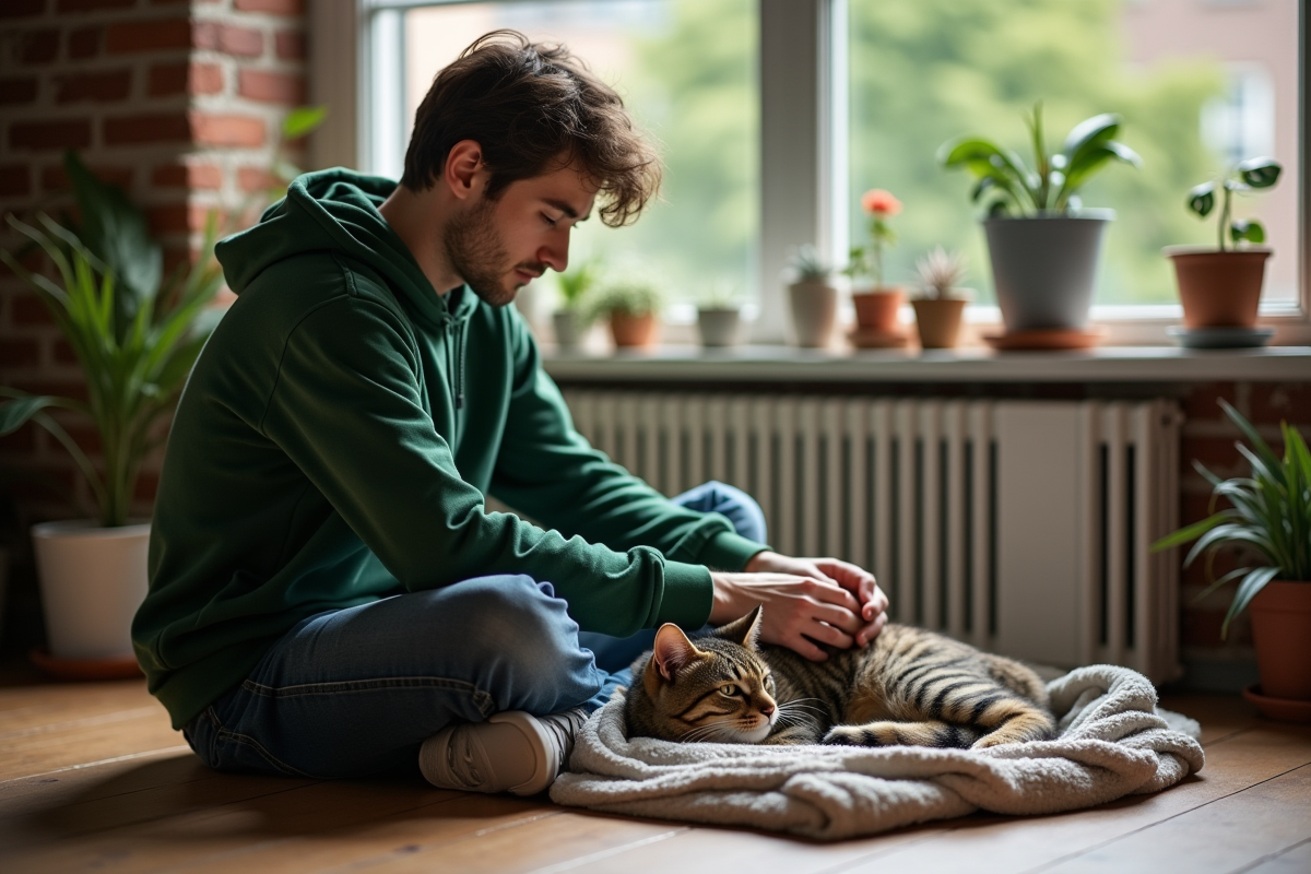 Jeune homme en hoodie vert avec un chat tigré dans un appartement urbain
