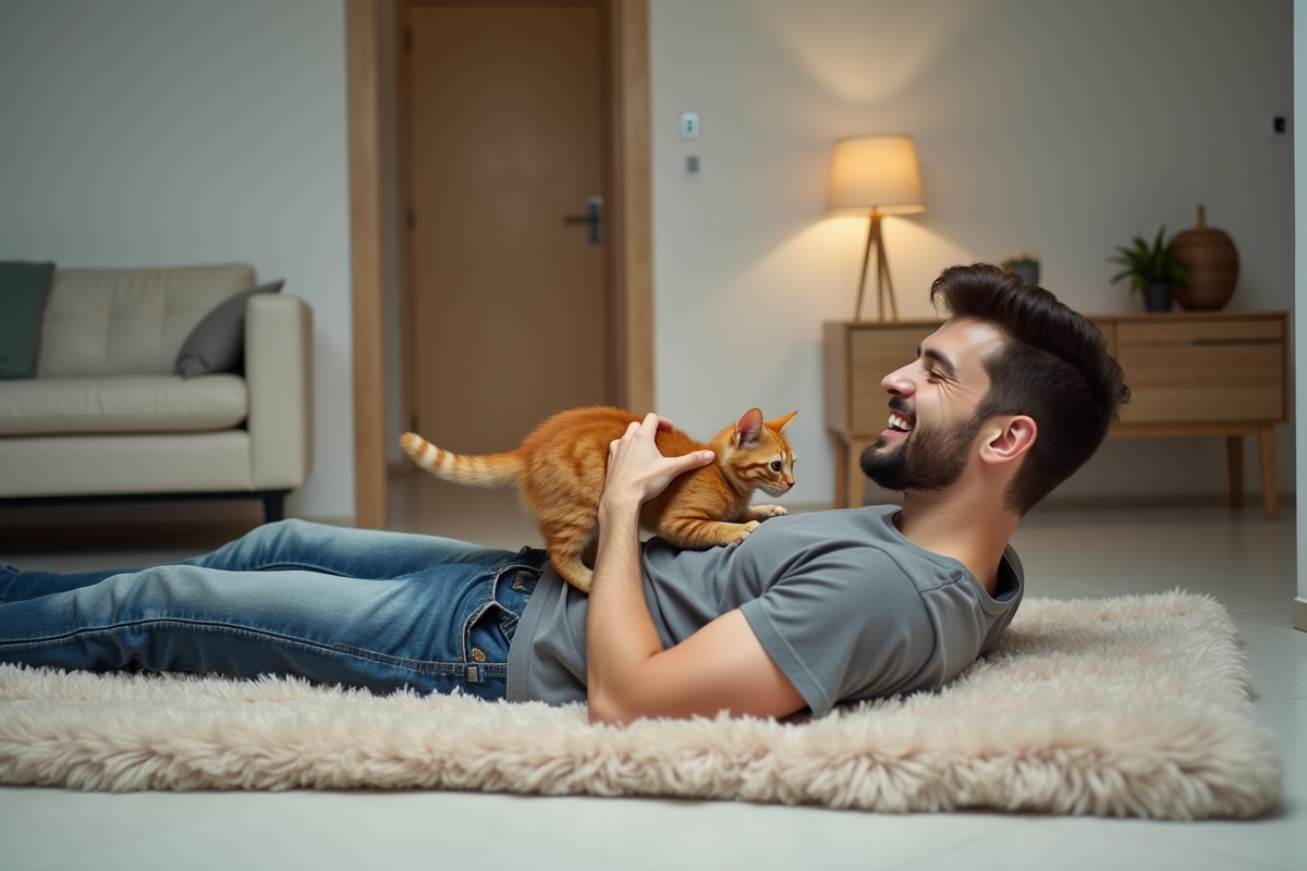 Jeune homme riant avec un chaton roux sur un tapis moderne