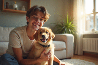 Jeune homme souriant avec un chiot pelucheux portant un collier V