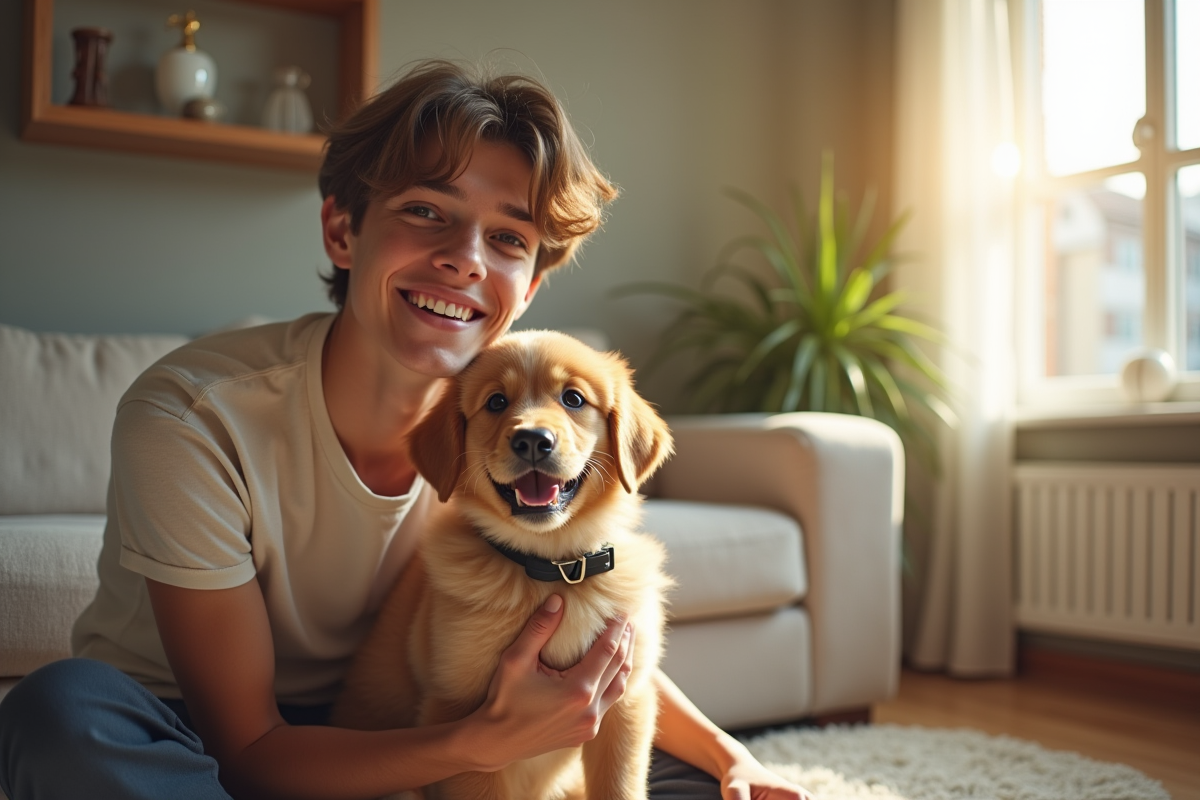 Jeune homme souriant avec un chiot pelucheux portant un collier V