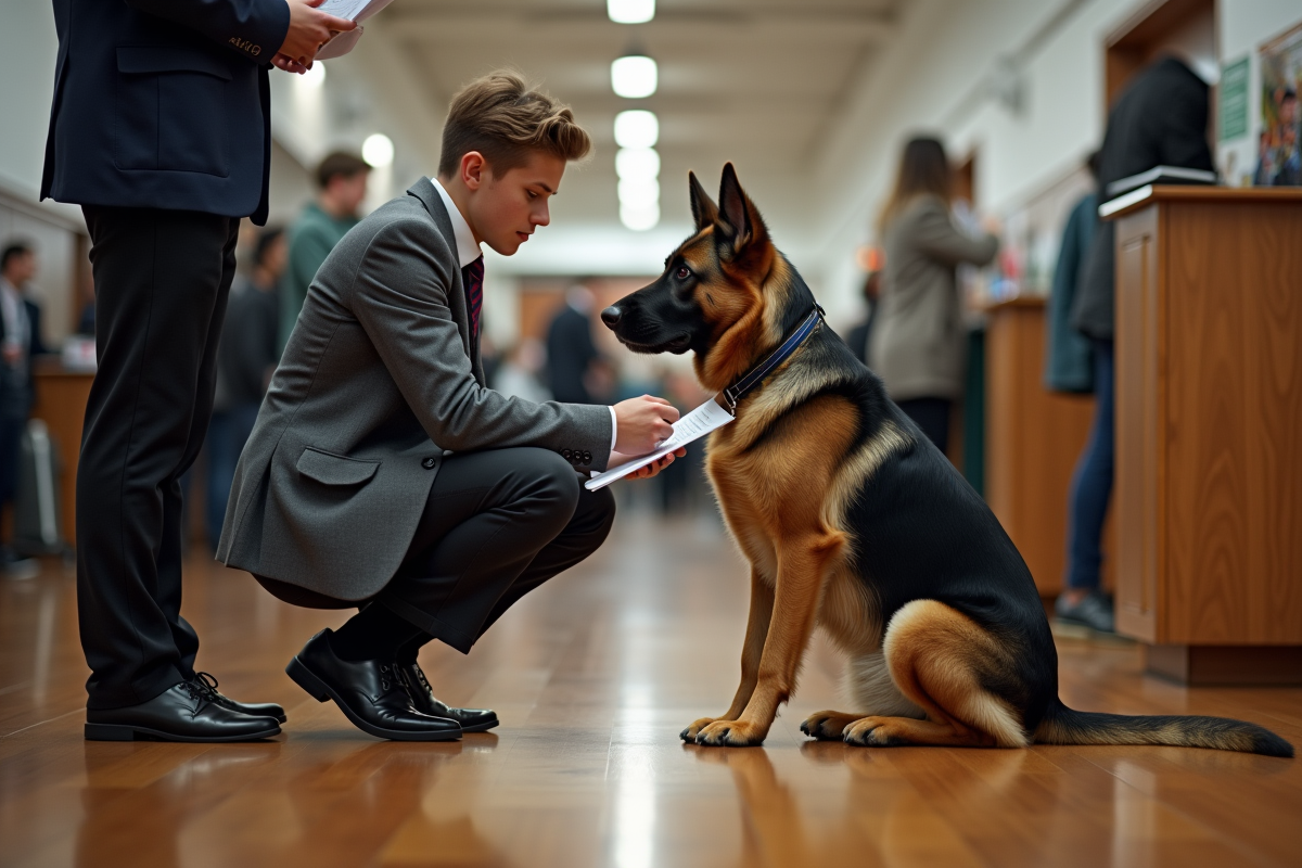 Jeune homme vérifiant un document avec un berger allemand en intérieur