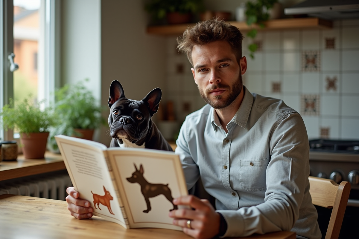 Jeune homme avec bulldog français et livre de races