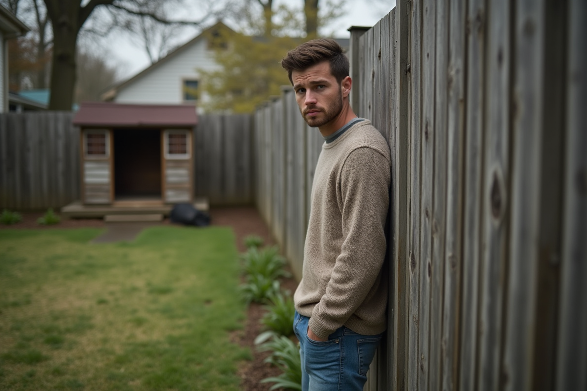 Jeune homme regardant le jardin du voisin avec inquiétude