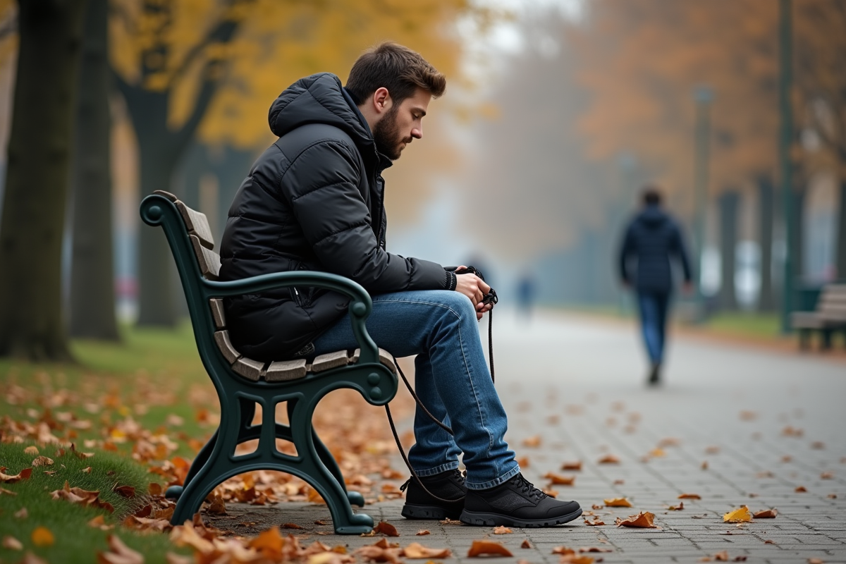 Jeune homme assis seul sur un banc de parc en automne