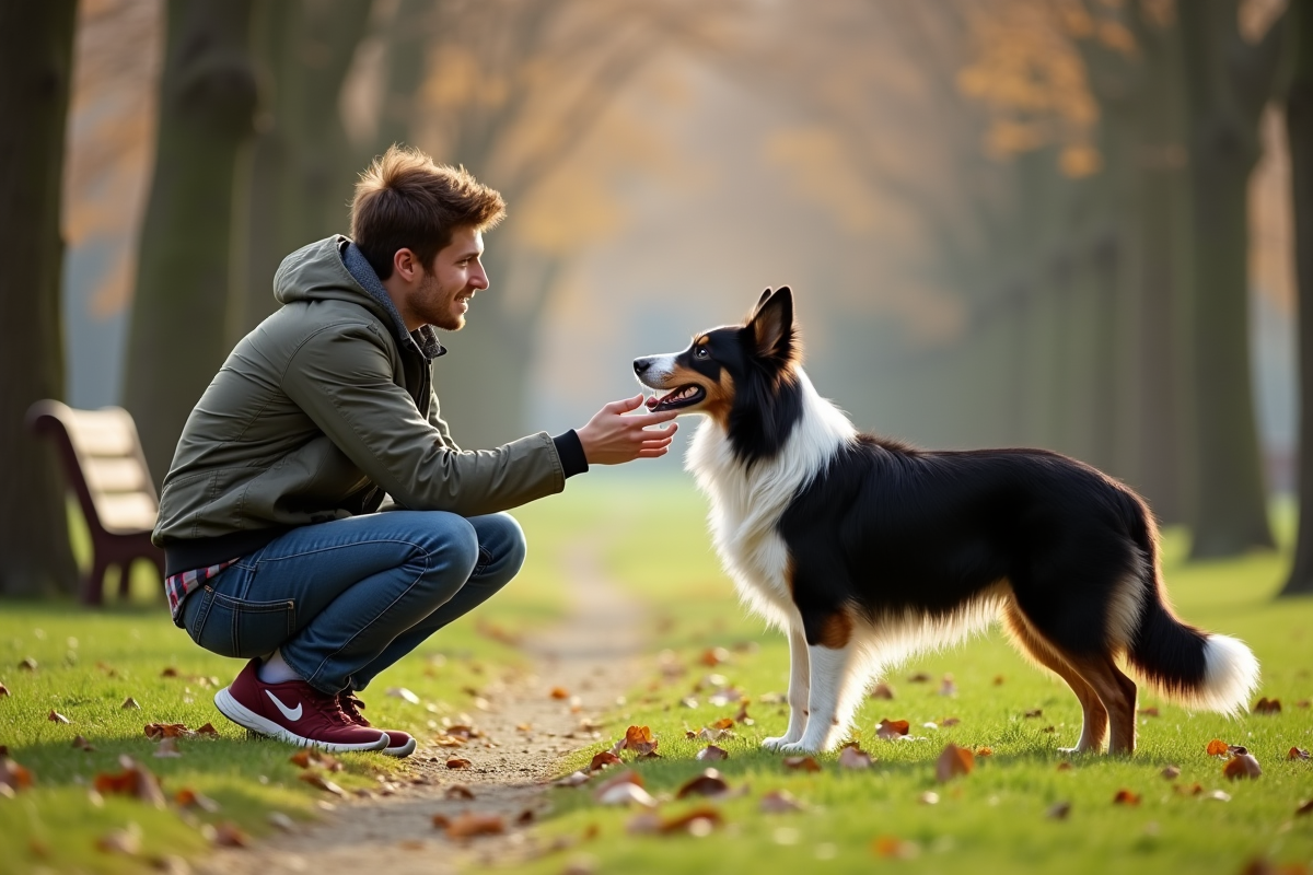 Jeune homme et collie dans un parc en été