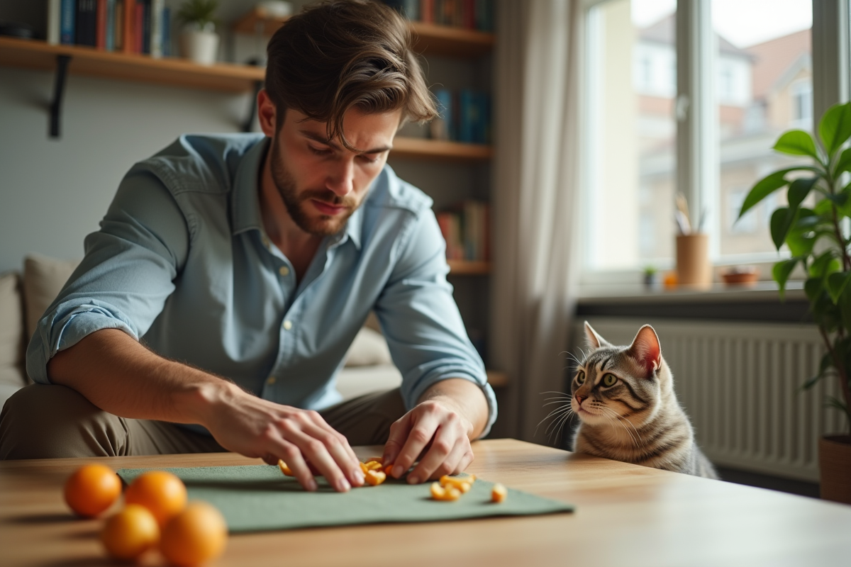 Jeune homme posant un tapis avec zestes de citron dans le salon