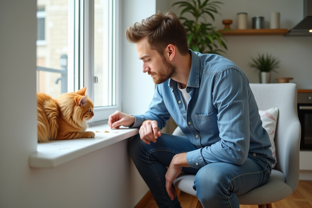 Jeune homme examinant des griffures sur un mur avec un chat orange