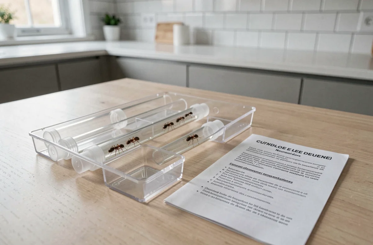 Kit fourmilière déballé sur une table avec tous les composants incluant tubes gel et fourmis vivantes