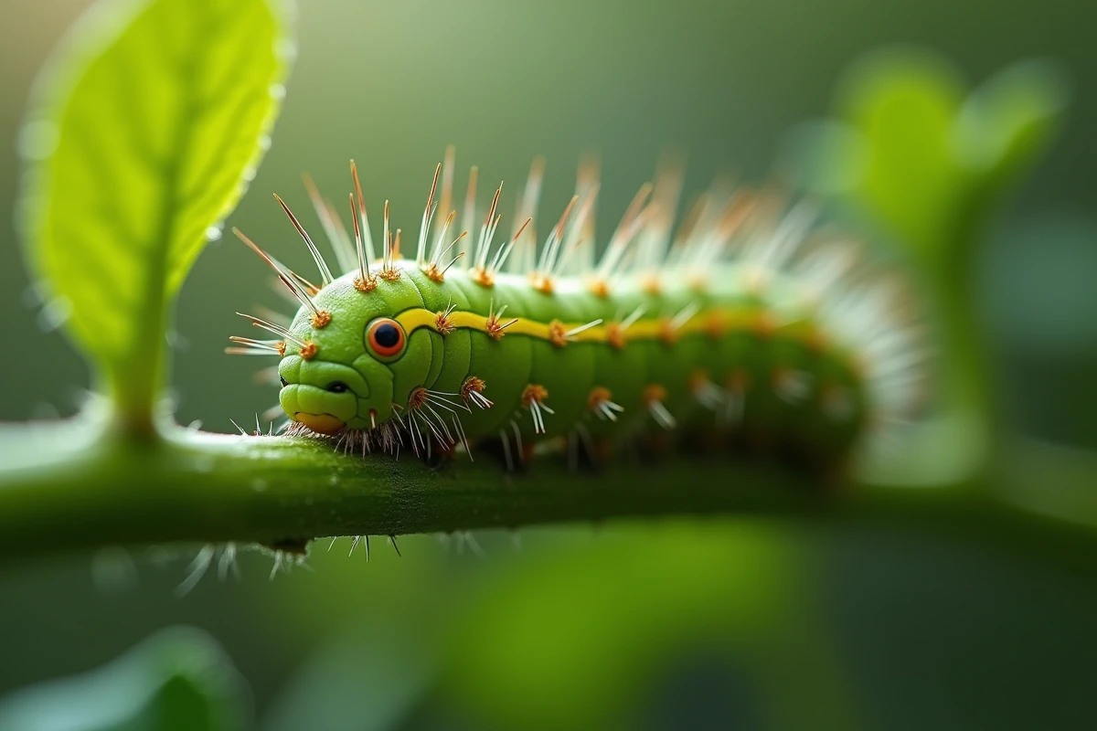 Larve de papillon aux couleurs vives progressant sur une tige végétale, phase de croissance et de métamorphose de l'insecte