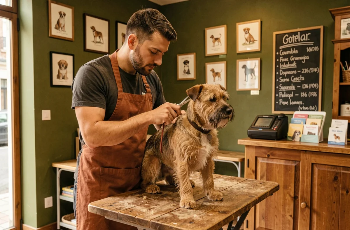 Toiletteur du salon Le Chien Roux à Toulouse taillant la fourrure d'un Irish terrier roux avec des ciseaux professionnels
