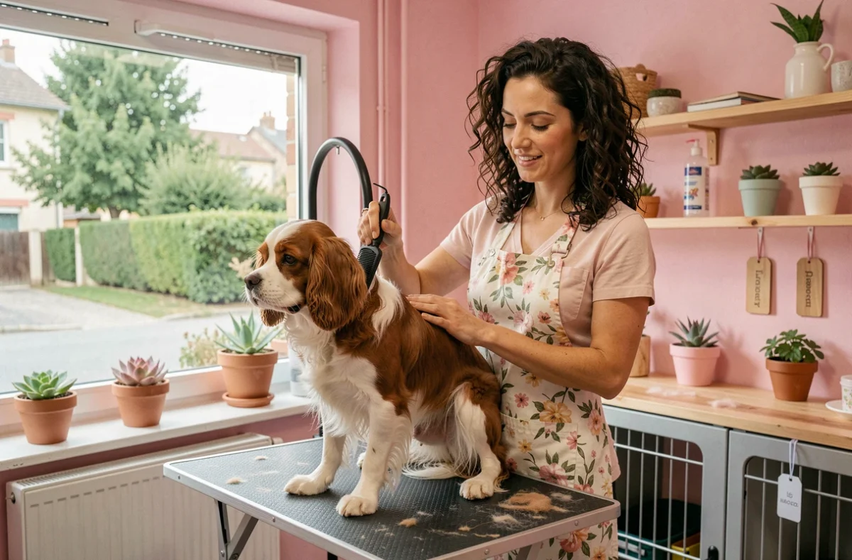 Toiletteuse du Monde de Belle à Gagnac-sur-Garonne brossant tendrement un cavalier king charles spaniel près d'une fenêtre