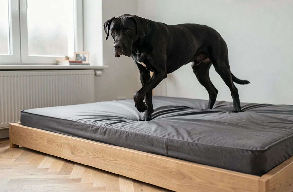Grand dogue allemand noir montant sur un lit orthopédique XXL en mousse à mémoire de forme dans une chambre moderne
