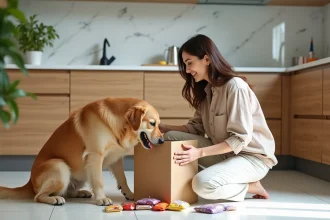 Femme déballant une livraison de repas pour chien de Dogfy Diet ou Dog Chef dans une cuisine moderne avec son golden retriever