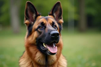 Gros plan sur la mâchoire d'un chien berger allemand, bouche ouverte montrant les dents et la structure de la mâchoire